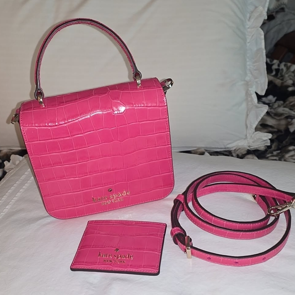 Kate Spade Vibrant Pink Croc-Embossed Crossbody Bag - Picture 2 of 5